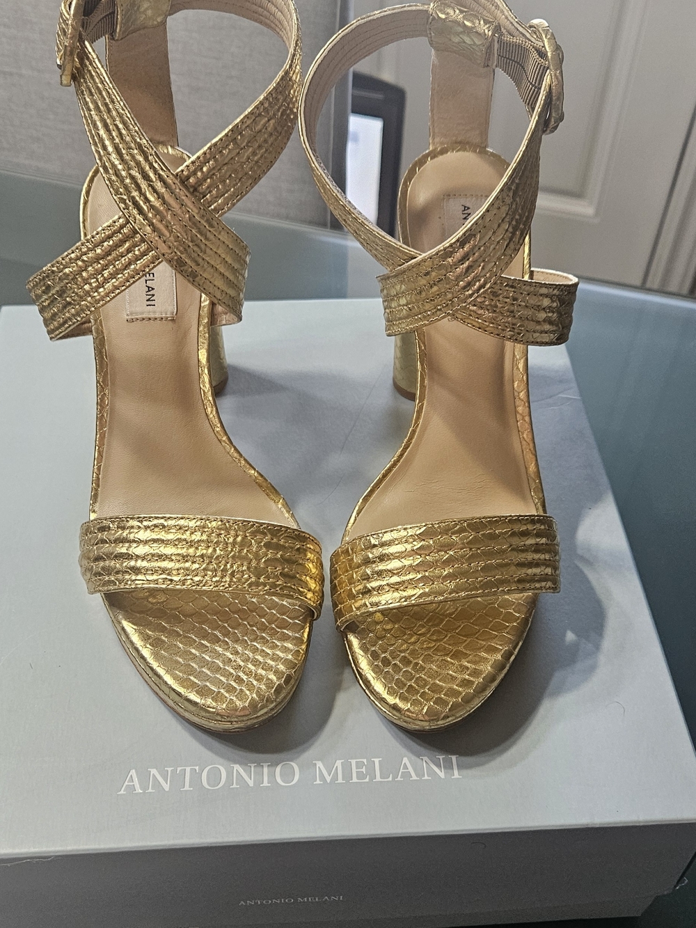 Antonio Melani Women's Gold Strappy Block Heel Sandals
